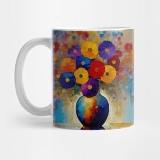 Colorful Floral Still Life Painting in a Blue Vase Mug